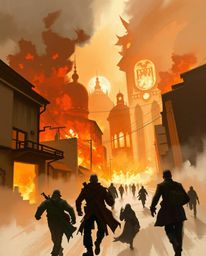 A dynamic digital sketch depicts a city consumed by flames, with people fleeing in chaos.  Loose, painterly strokes and stron