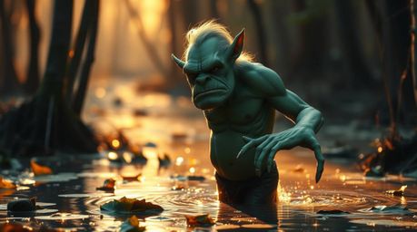 A graceful ogre with refined features performs a captivating dance in a mystical swamp. Bathed in the warm, iridescent light 