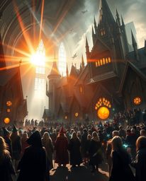 Experience a grand, epic scene set within a magical school teeming with young wizards. This futuristic academy boasts modern 