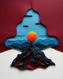 This is a sophisticated and elegant sculpted papier-mâché artwork of a sunset viewed from a high alpine peak. The piece is ch