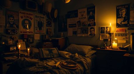 A messy bedroom filled with intriguing gadgets and posters, illuminated by the soft, warm glow of candlelight. The flickering