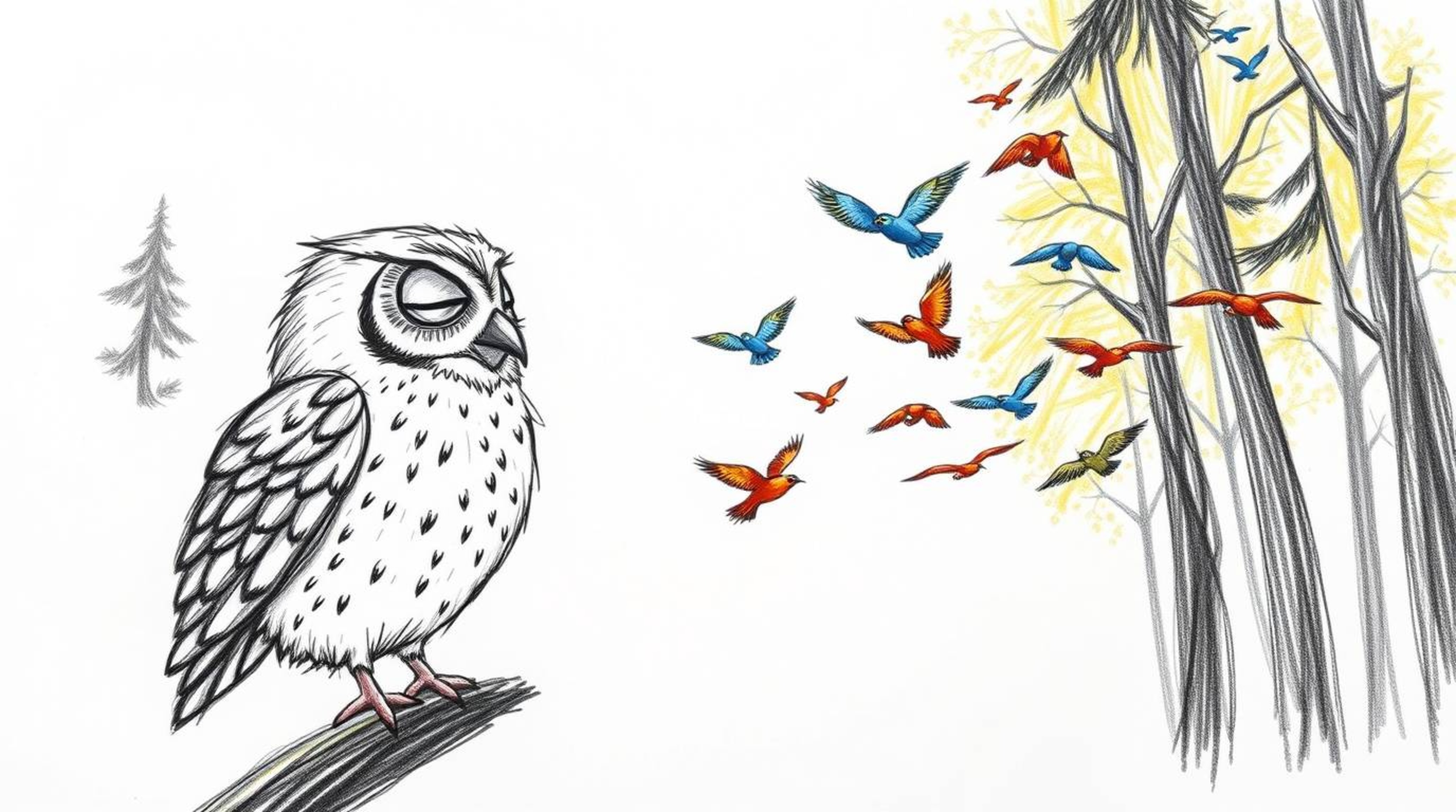A hand-drawn sketch in the style of Pixar depicts a wise, blind owl with soft downy feathers and closed eyes.  The owl is ins