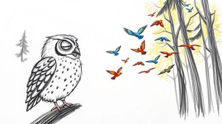 A hand-drawn sketch in the style of Pixar depicts a wise, blind owl with soft downy feathers and closed eyes.  The owl is ins