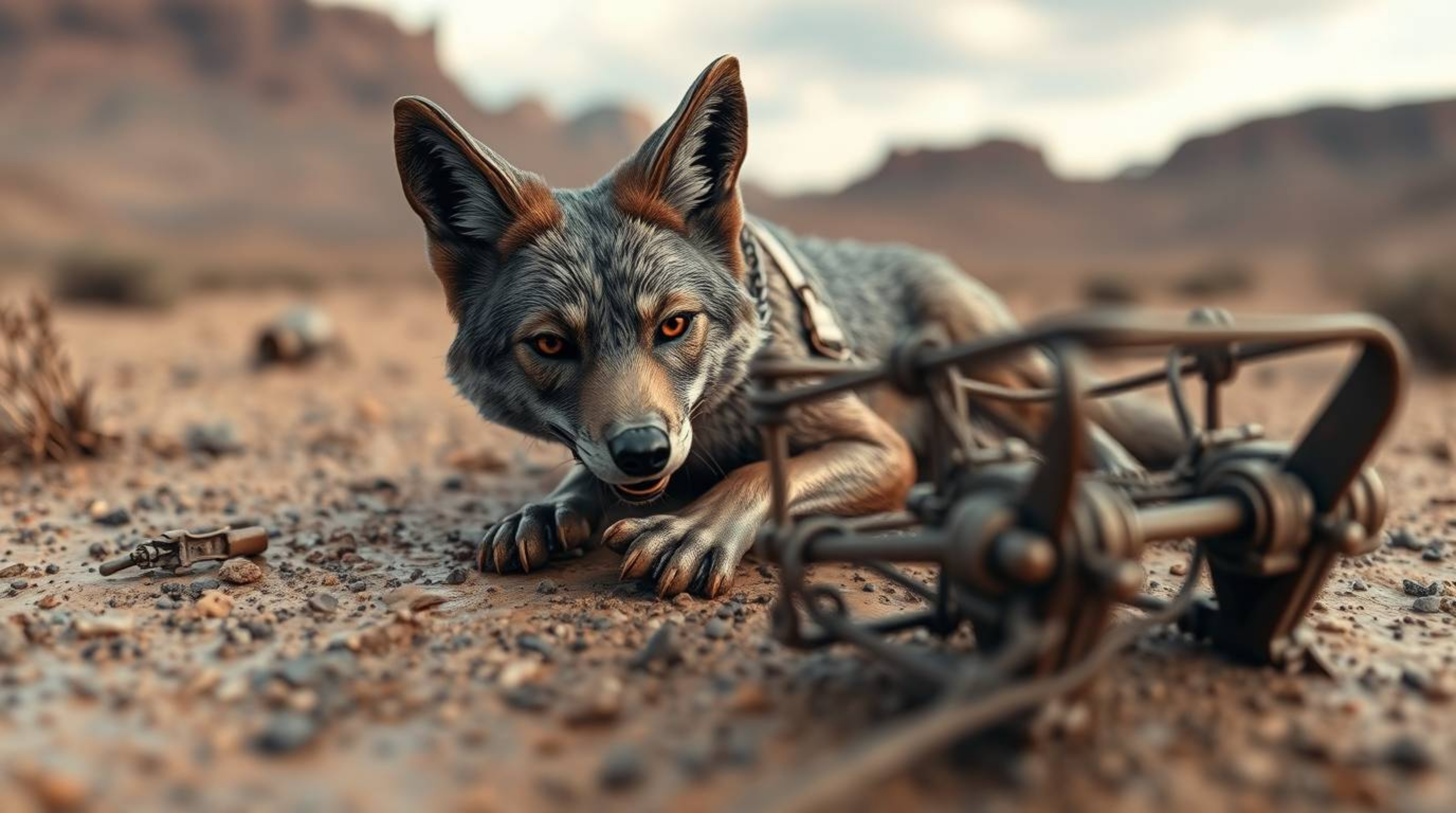 This digital rendering presents an extreme close-up macro shot of a coyote setting a trap in a desert environment. Cast in br