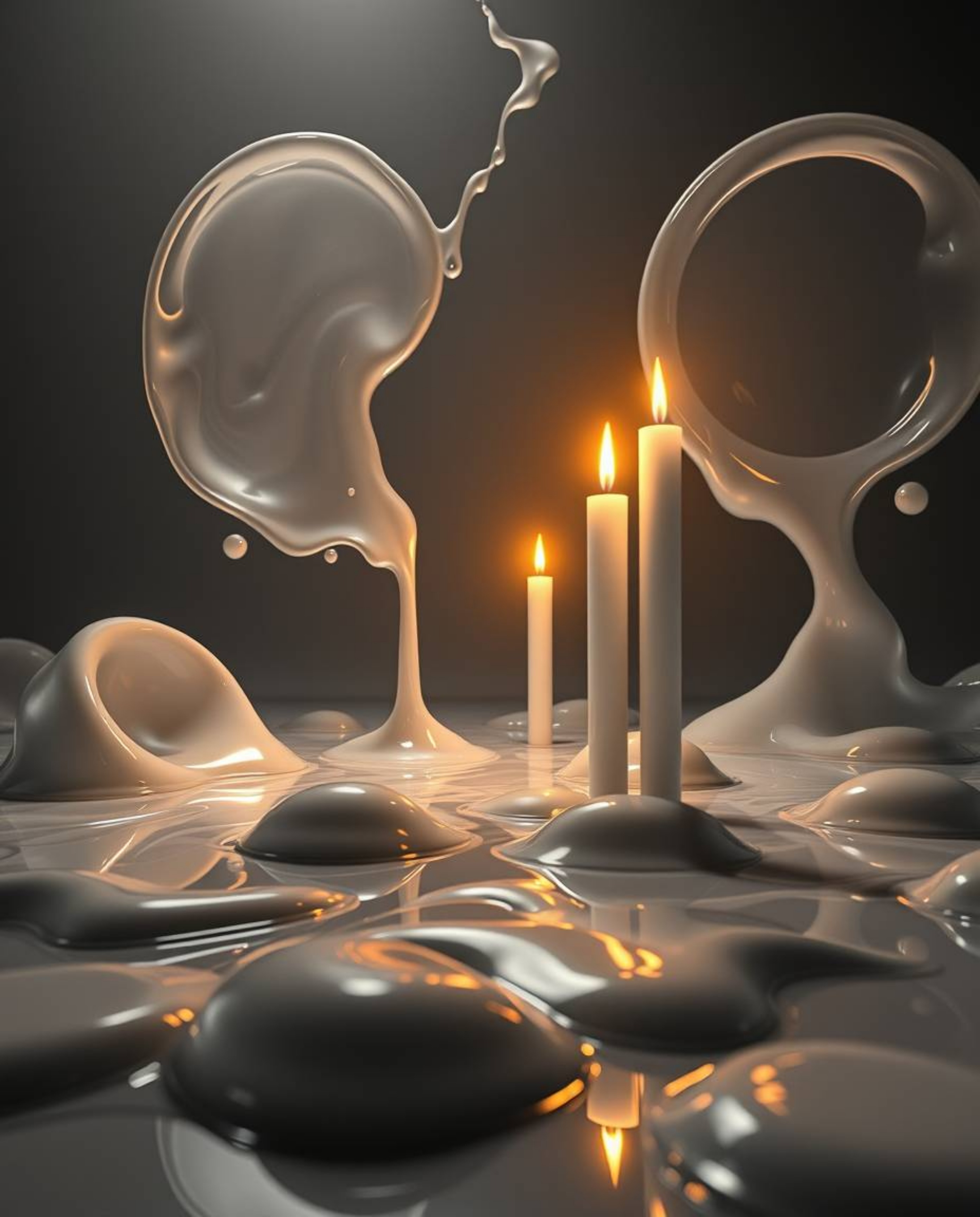 A captivating image showcases surreal 3D fluid shapes, reminiscent of melted glass, within a hyperrealistic sci-fi environmen