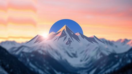 A captivating logo design inspired by snow-capped mountains bathed in the warm glow of a pastel sunset.  The design incorpora