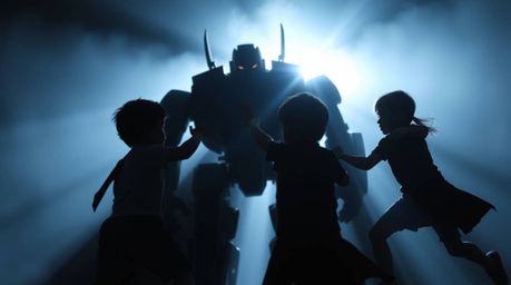 Experience an unsettling battle as three superpowered children face off against a formidable robot in a dark and eerie settin