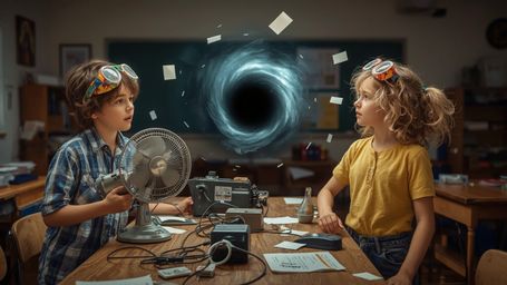 In a vibrant, cinematic photograph rendered in a hyper-realistic, Pixar-inspired style, a dynamic science fair duo unwittingl