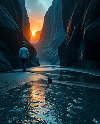 A vibrant and luxurious scene depicts a sunset illuminating sandstone cliffs within a canyon, all bathed in rich, deep teal t