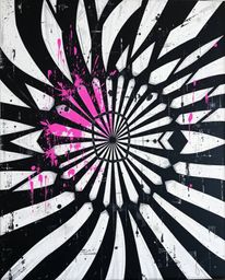 This bold acrylic painting showcases a vibrant, textured, black and white geometric pattern in an optical illusion style, evo