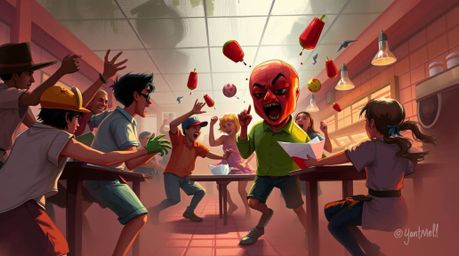 Experience a dynamic digital sketch of a wild food fight erupting in a cartoon cafeteria, captured from a dramatic low-angle 