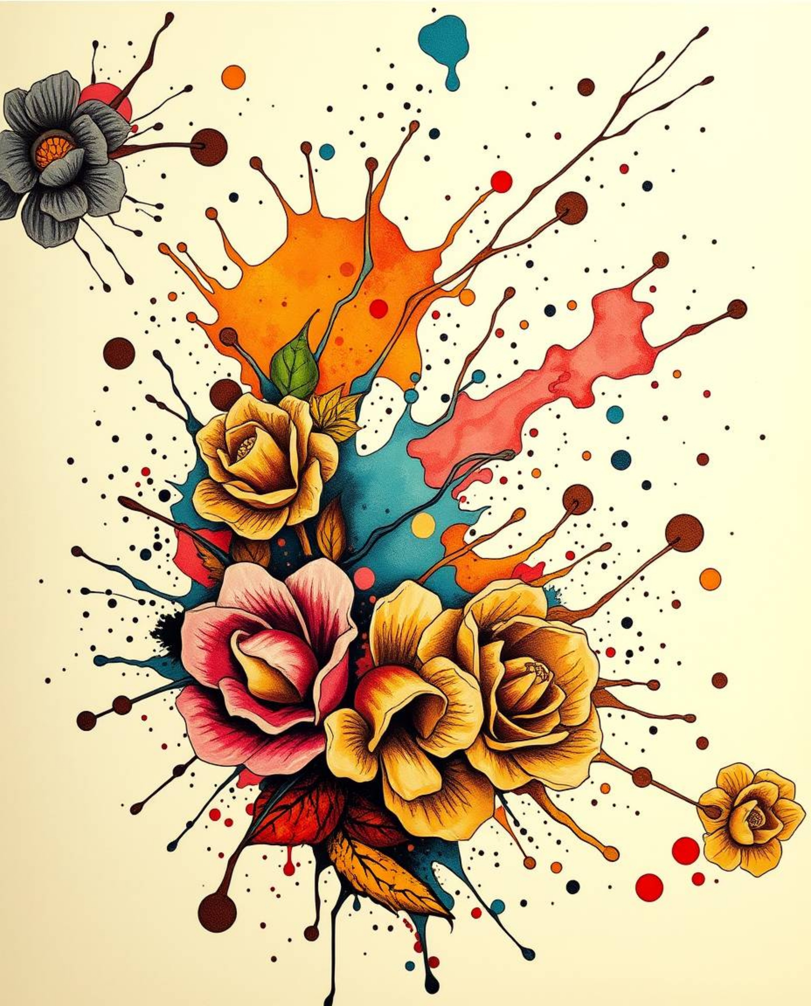 Explore captivating traditional tattoo art prints featuring dynamic, colorful splashes against both white and black backgroun
