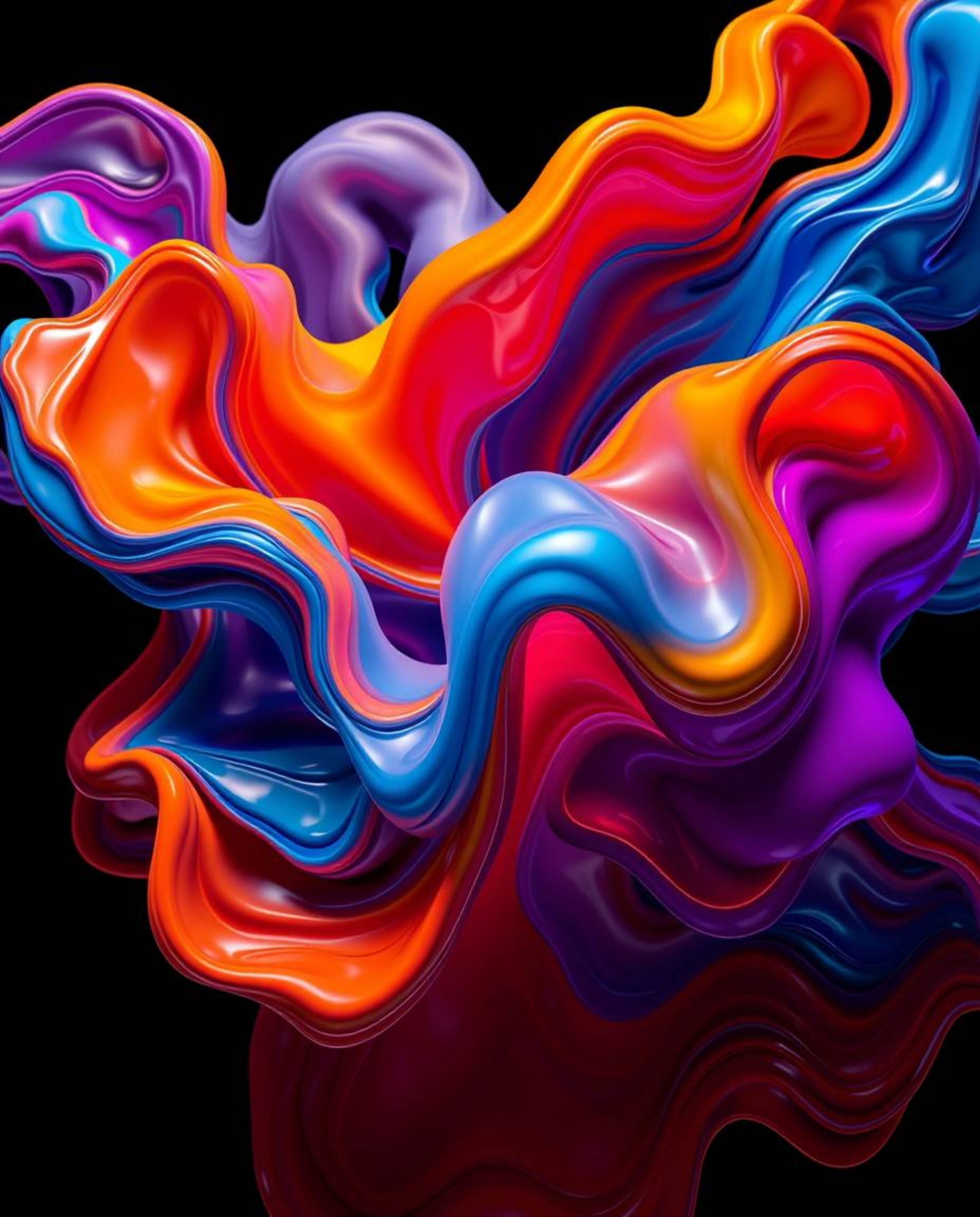 High-resolution abstract photograph showcasing colorful 3D fluid shapes interacting with geometric forms, creating a dynamic 