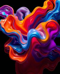 High-resolution abstract photograph showcasing colorful 3D fluid shapes interacting with geometric forms, creating a dynamic 