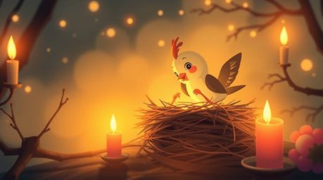 A dreamy illustration showcases two charming cartoon birds diligently constructing their nest in a classic animation style. T