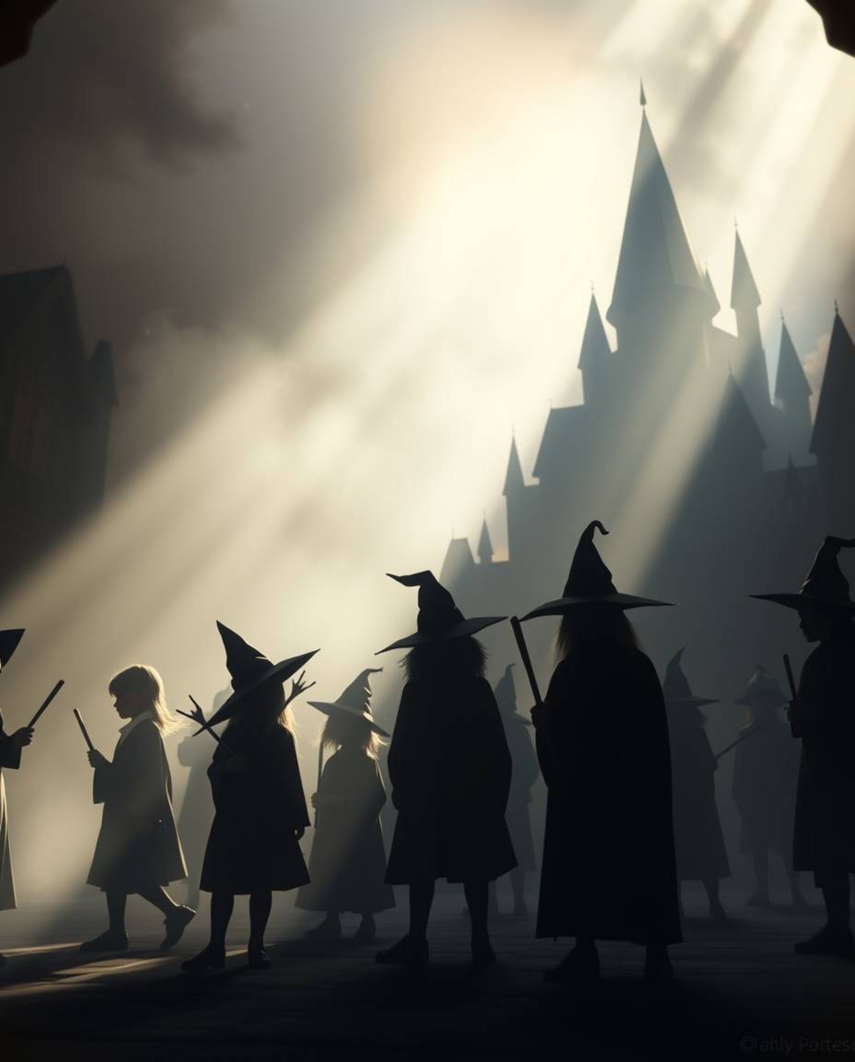 Discover a captivating image of a magical school brimming with young wizards.  The scene is bathed in a soft, dreamy, hazy ba