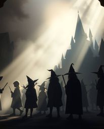 Discover a captivating image of a magical school brimming with young wizards.  The scene is bathed in a soft, dreamy, hazy ba