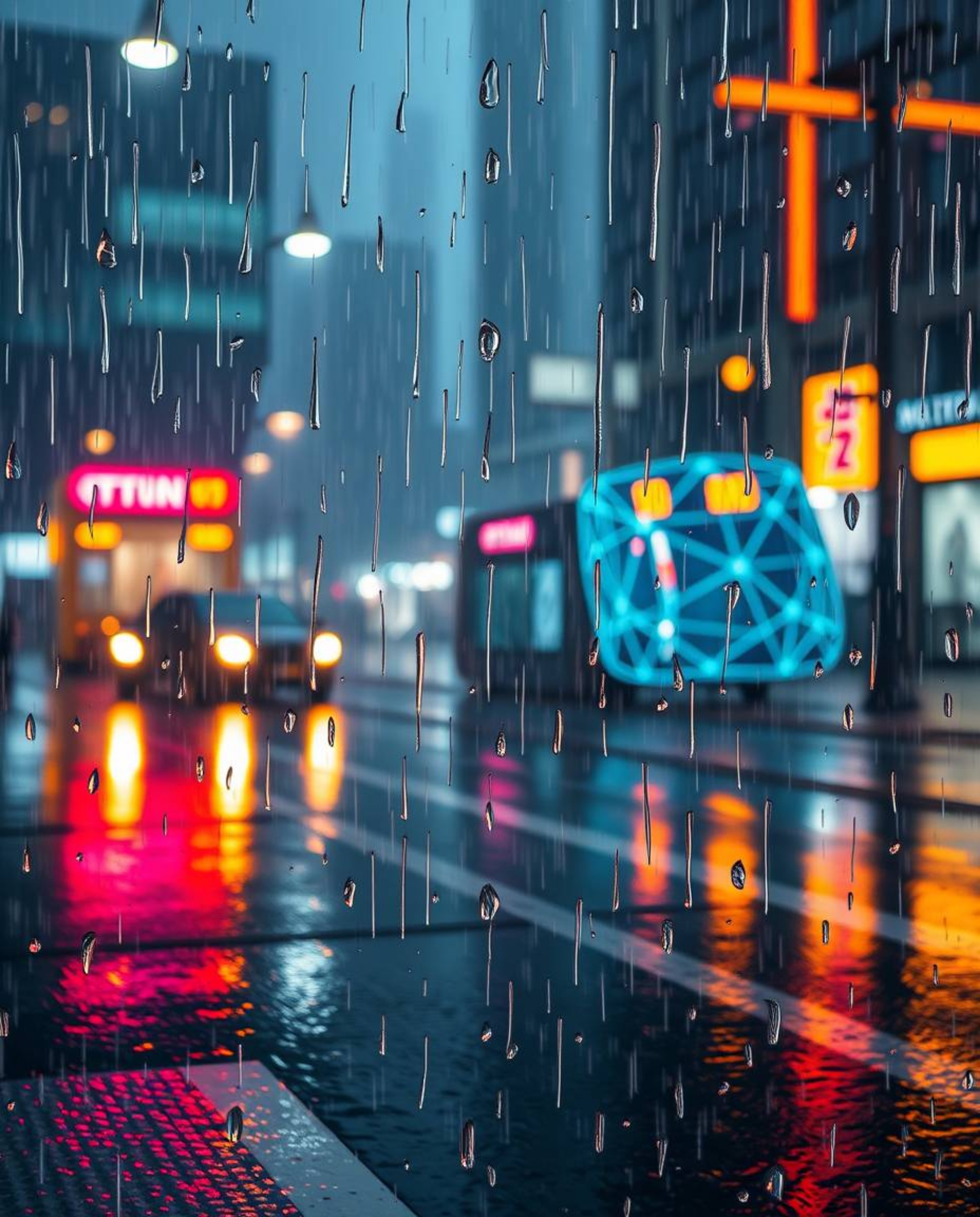 A captivating wet rainy scene presents a futuristic digital interface brimming with geometric patterns and holographic elemen