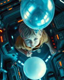 A captivating overhead shot showcases a pale-skinned child with short hair delicately holding a shimmering balloon.  The scen