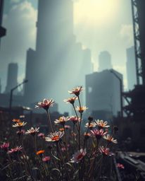 Ethereal, spiritual vibes meet stark reality in this image.  Strong, hard light illuminates vibrant flowers blooming amidst t