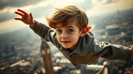 A captivating image of a young boy with refined features gracefully flying above the London skyline, surrounded by swirling p