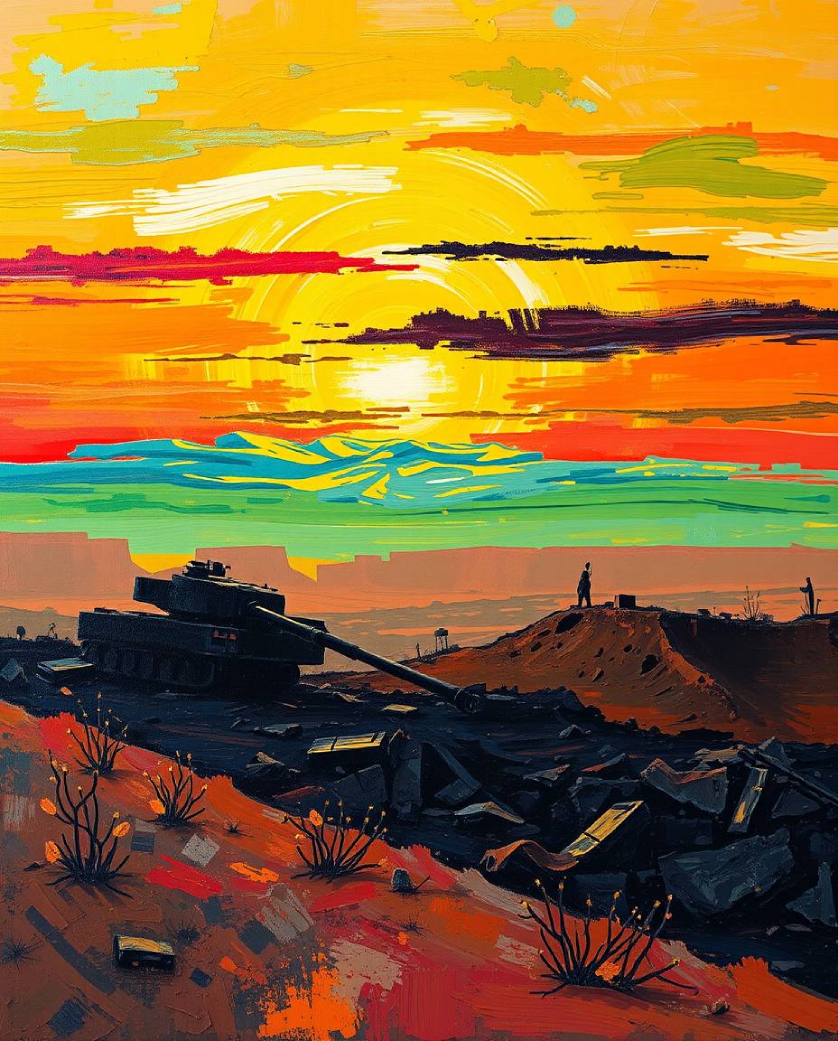 A captivating acrylic painting depicts a sunrise over a war-torn landscape.  Vibrant complementary colors burst forth under t