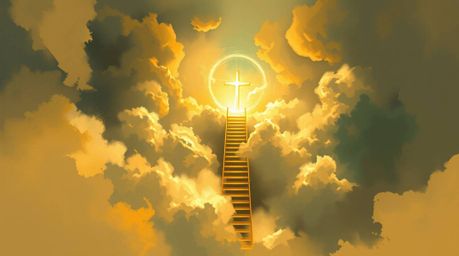 Overhead bird's-eye view captures a digital sketch of a golden staircase dramatically rising through misty clouds towards a g