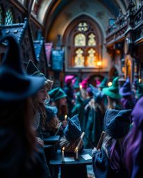 Explore the intricate details of a magical school teeming with young wizards in this extreme macro close-up. Dominated by coo