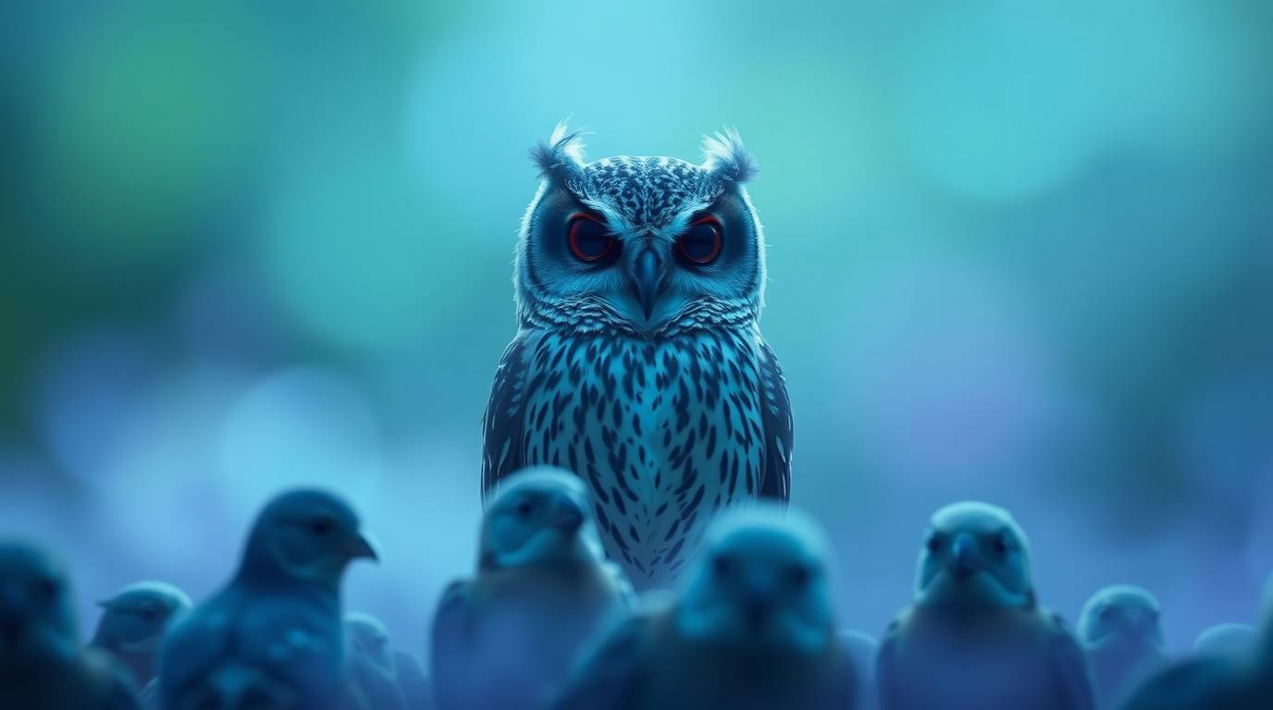 A long exposure shot captures an ethereal and spiritual atmosphere, featuring a Pixar-style blind owl as a teacher overseeing