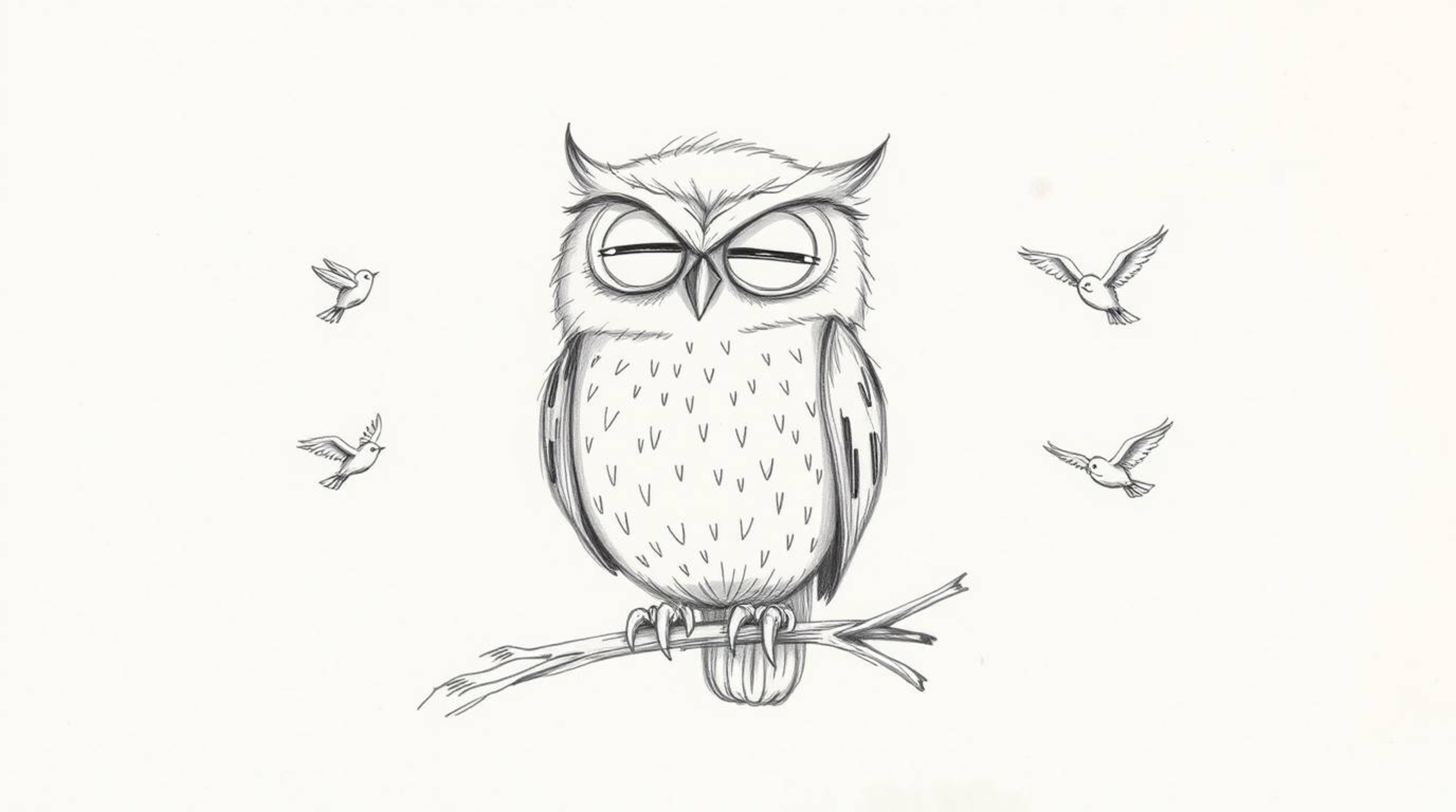 A heartwarming hand-drawn sketch in the style of Pixar depicts a blind owl with a soft, feathery texture, embodying wisdom an