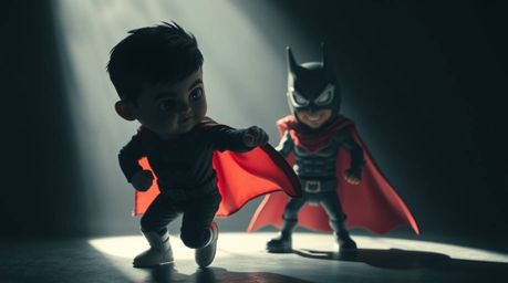 A high contrast, low-key lighting photograph capturing an adorable and charming superhero with a flowing cape in the midst of