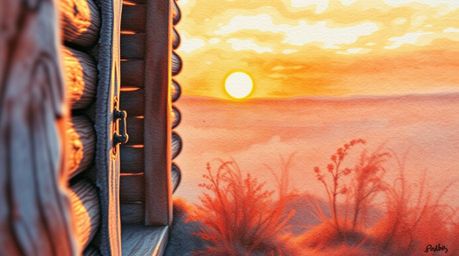 A captivating watercolor painting showcases an extreme close-up of an old wooden cabin at sunset.  The image features delicat