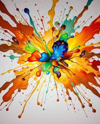A captivating abstract painting captures a high-angle perspective of a vibrant explosion. Colorful paint splashes erupt acros