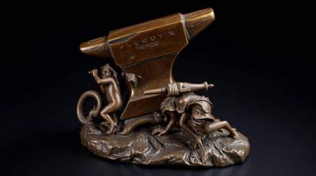 This dynamic bronze sculpture depicts a dramatic scene: an anvil poised to drop on a trickster character. The artwork's surfa