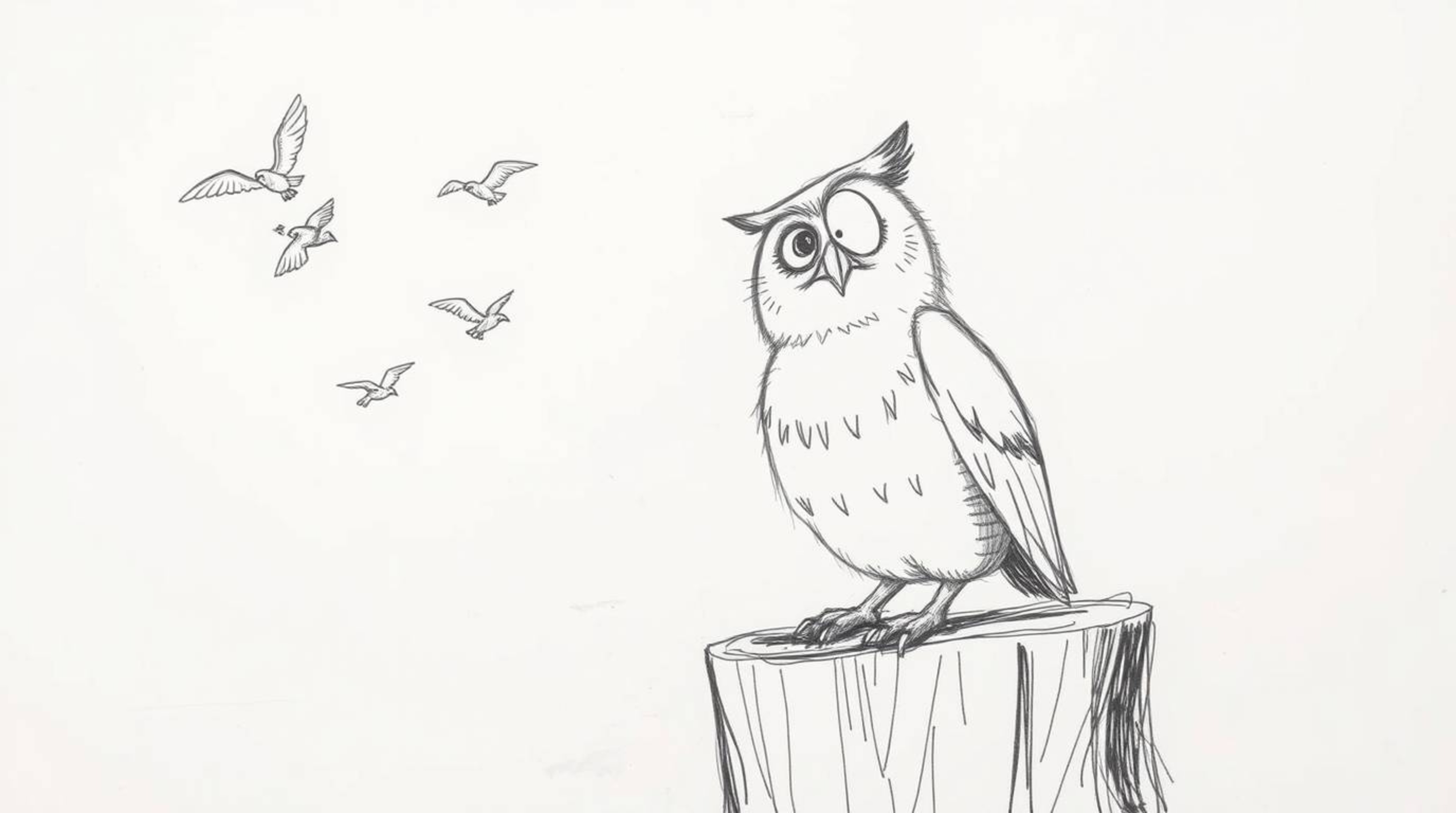 A hand-drawn sketch, reminiscent of Pixar's style, portrays a blind owl with captivating wrinkles, perched on a weathered tre