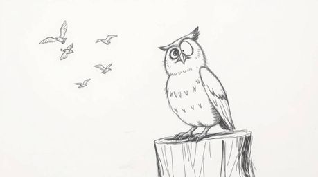 A hand-drawn sketch, reminiscent of Pixar's style, portrays a blind owl with captivating wrinkles, perched on a weathered tre