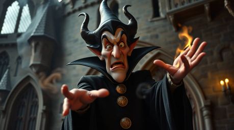 A captivating high-resolution stock photo depicts a classic Disney villain with exaggerated features, casting a spell within