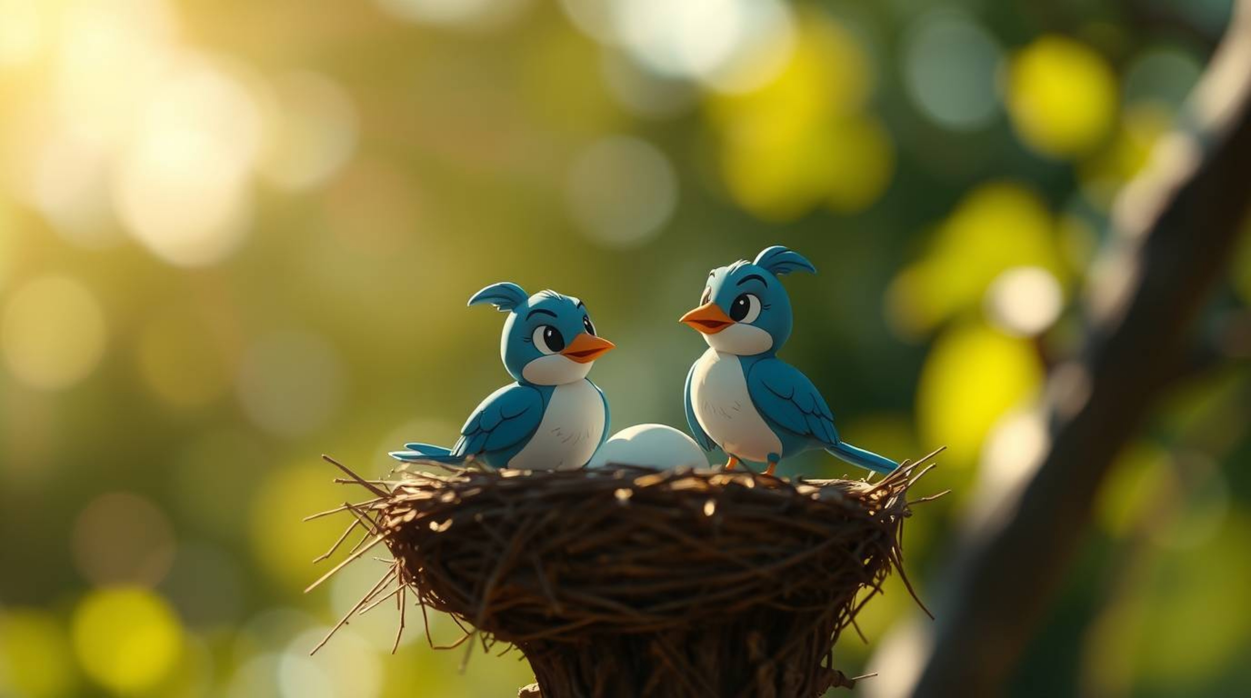 A vibrant scene featuring two cartoon birds in a classic animation style, diligently building a nest. The image showcases a b