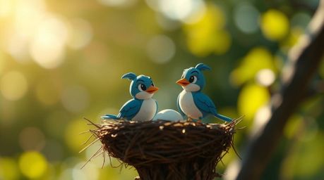 A vibrant scene featuring two cartoon birds in a classic animation style, diligently building a nest. The image showcases a b