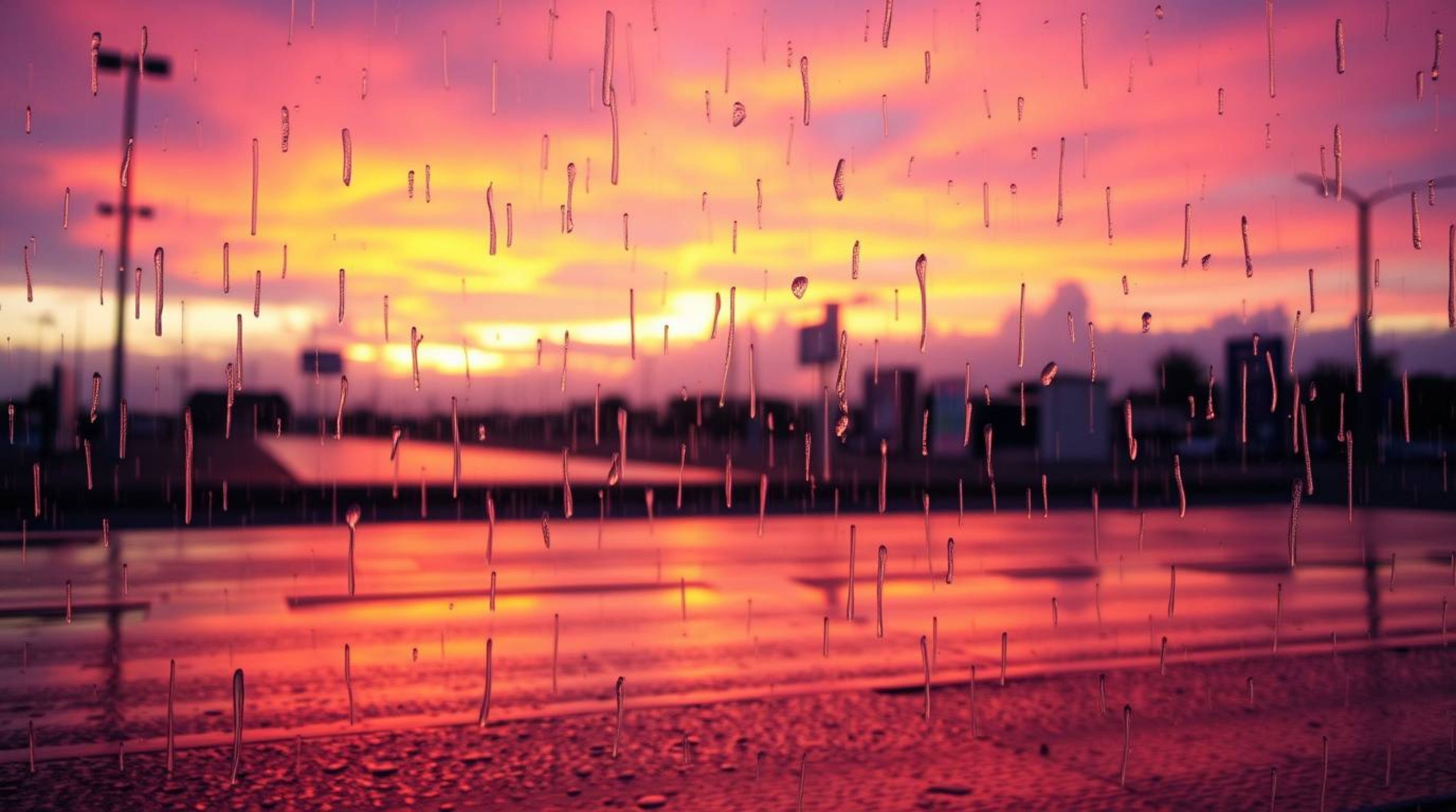 Experience a captivating wet rainy scene featuring a gradient sunset sky.  Soft, dreamy, and vivid electric colors are beauti