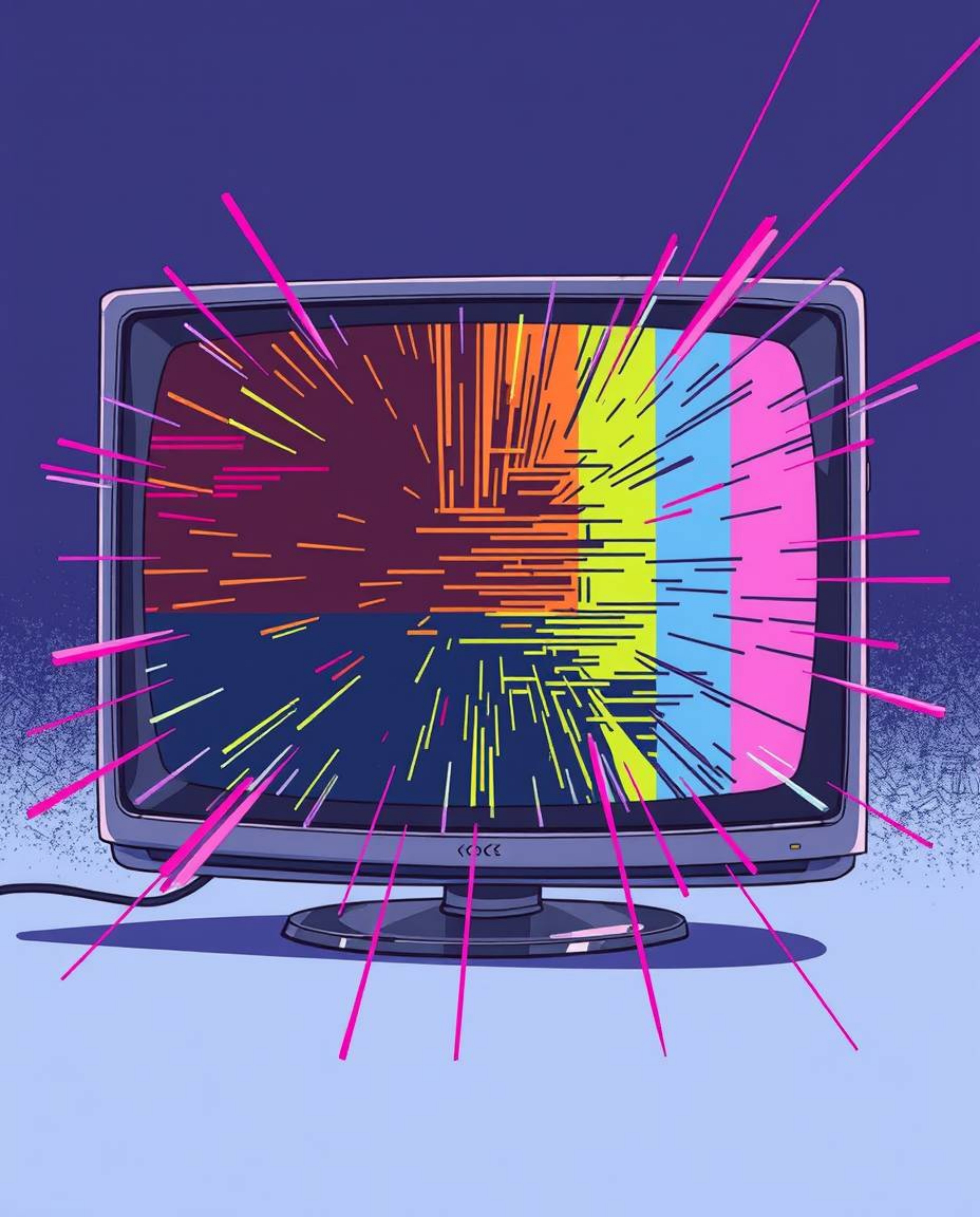 A captivating Isekai anime-style illustration showcases a TV screen glitch, bursting with retro RGB separation and expressive