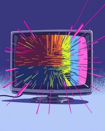 A captivating Isekai anime-style illustration showcases a TV screen glitch, bursting with retro RGB separation and expressive