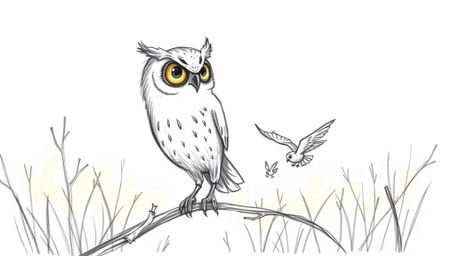 A heartwarming hand-drawn sketch in the style of Pixar depicts a serene blind owl guiding baby birds in flight.  The scene un