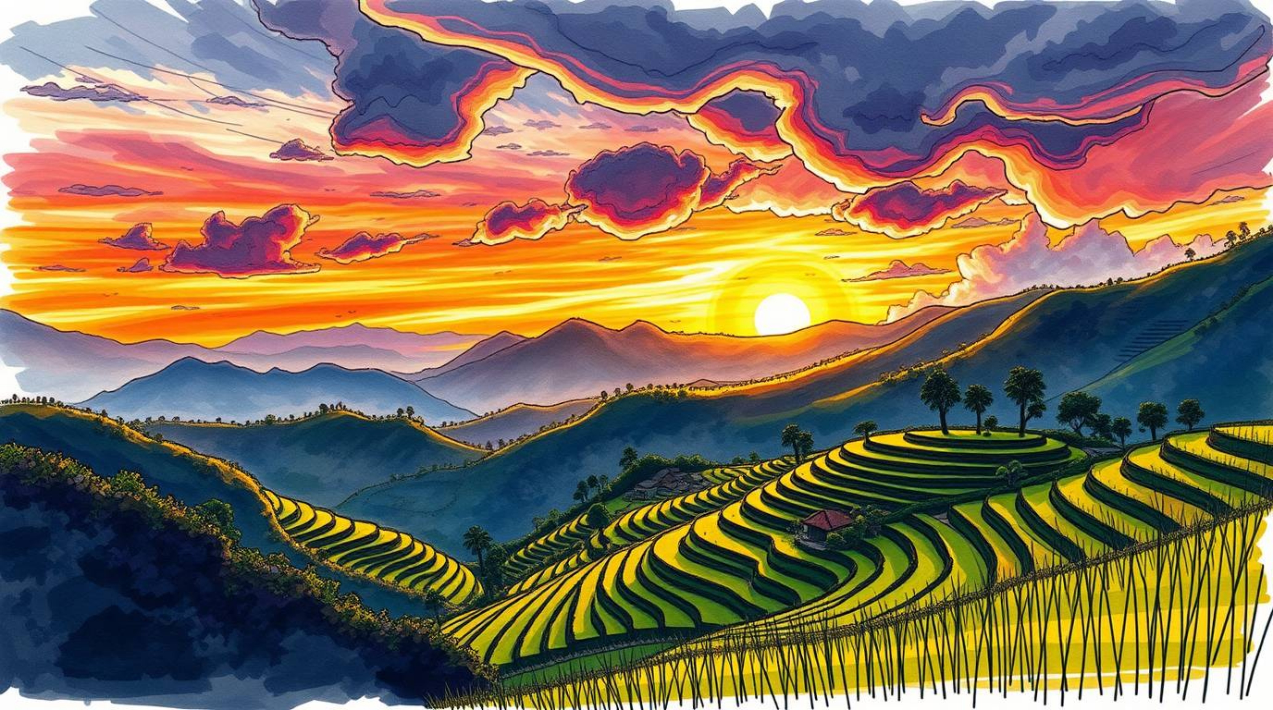A vibrant and captivating hand-drawn sketchnote style artwork showcasing a dramatic sunset over stunning rice terraces nestle
