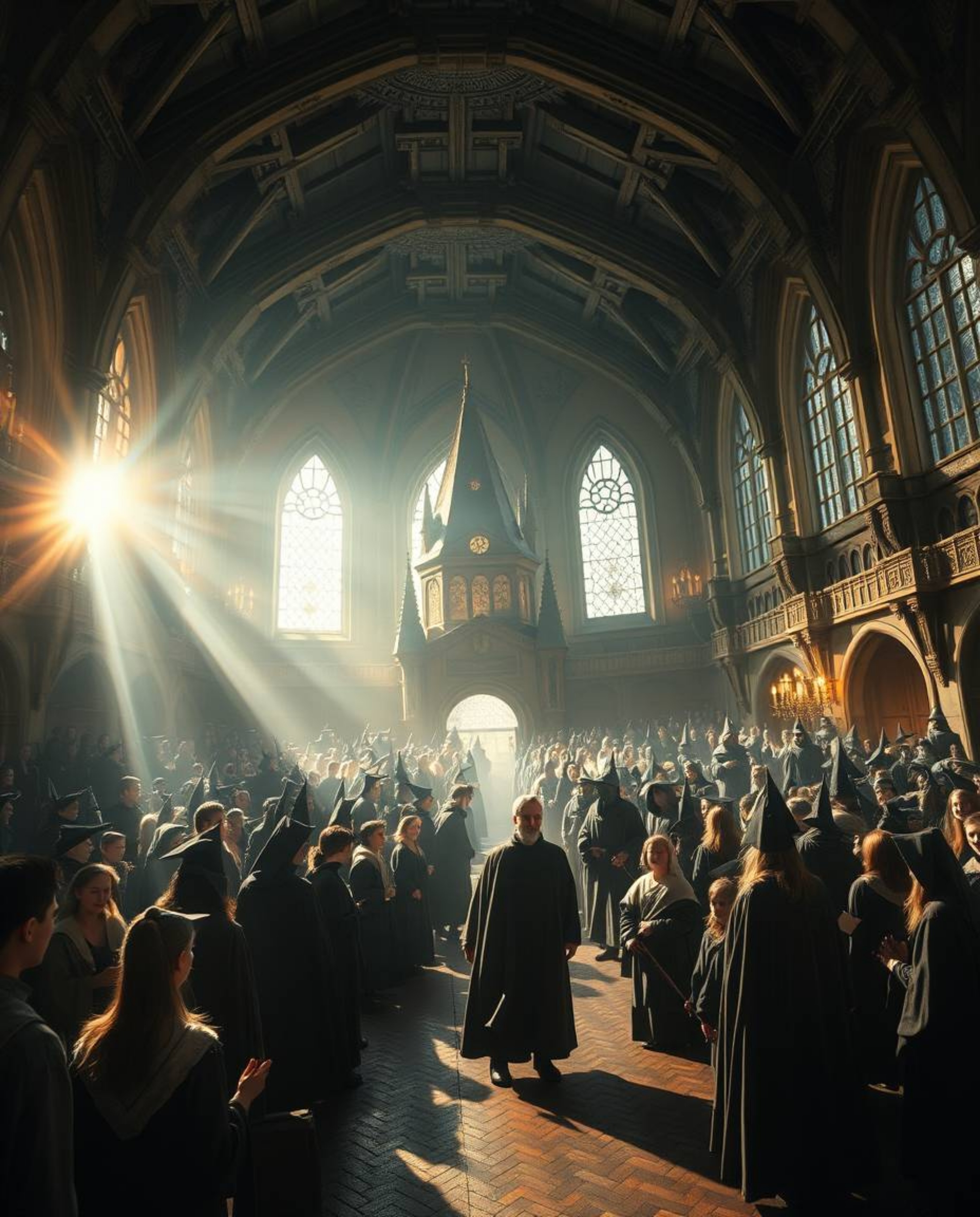 Immerse yourself in an epic scene of a futuristic magical school, teeming with young wizards and bathed in soft, diffused lig