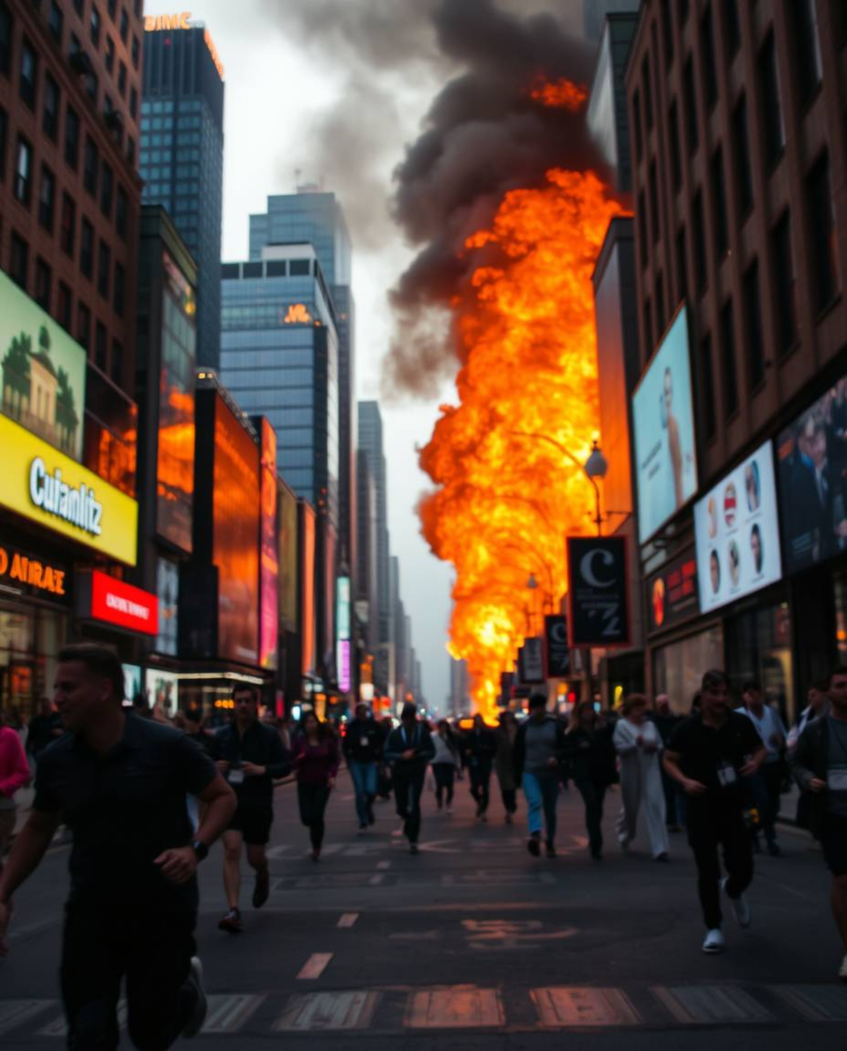 Experience the raw emotion and intensity of a city consumed by flames, as people desperately flee in all directions. This clo