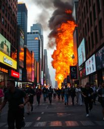 Experience the raw emotion and intensity of a city consumed by flames, as people desperately flee in all directions. This clo