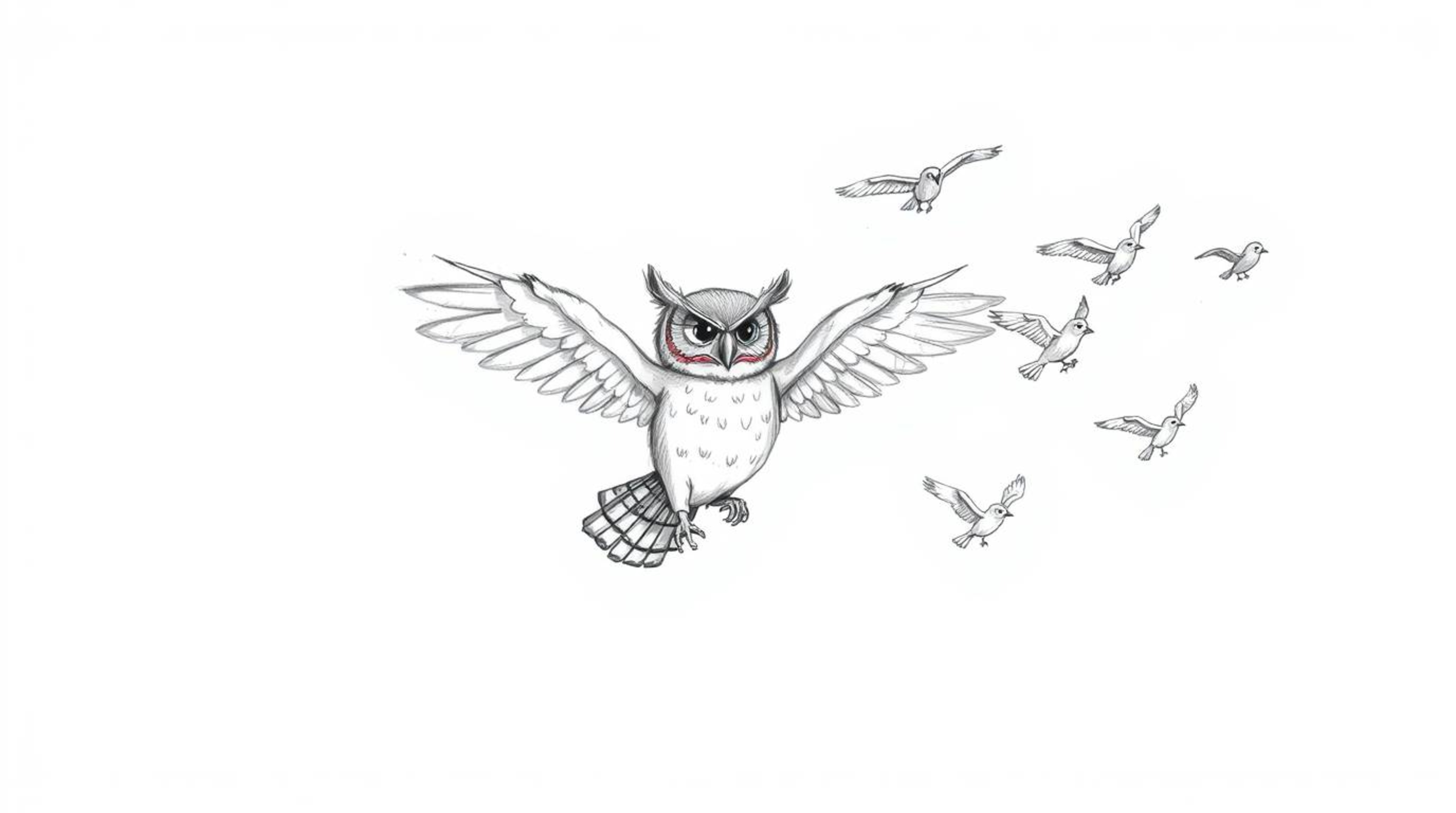 A hand-drawn sketch in Pixar style showcases a blind owl with large, expressive ears guiding a flock of small birds in a sync