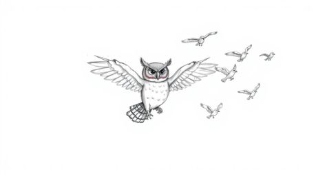 A hand-drawn sketch in Pixar style showcases a blind owl with large, expressive ears guiding a flock of small birds in a sync