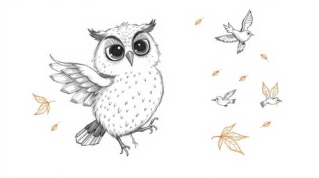 A heartwarming hand-drawn sketch in the style of Pixar portrays a blind owl, rendered with soft, feathery details, gently gui